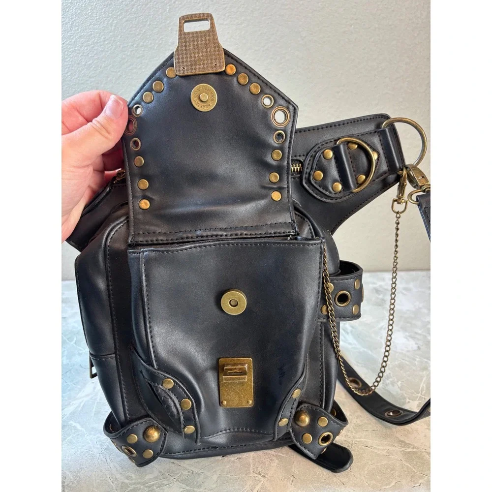 GT Steel Moster Black Steampunk Drop Leg Bag Tactical Cross Body Brass Studded - Picture 6 of 8